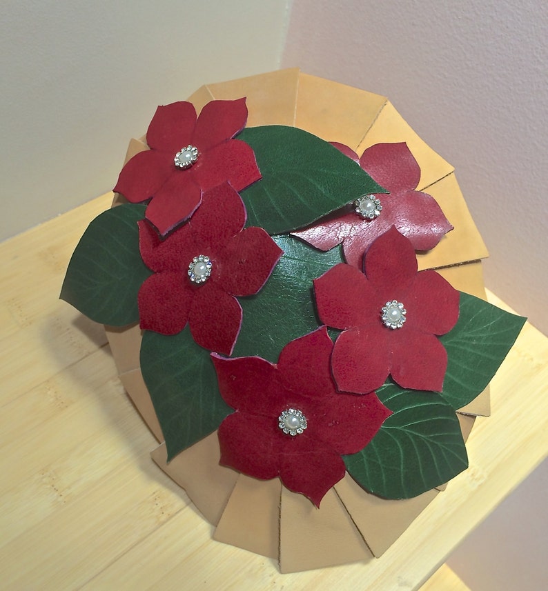 Christmas hat with leather flowers and jewels Fascinator in leather Holiday Party Hat Poinsettia flower Leather Christmas Fascinator