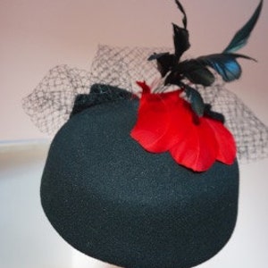 Black Wool Pill Box Hat With Red Feathers, Black Velvet Bow and Veiling-Memorial or Funeral Hat-Graduation Hat-Races hat-Ascot-Polo Matches image 2