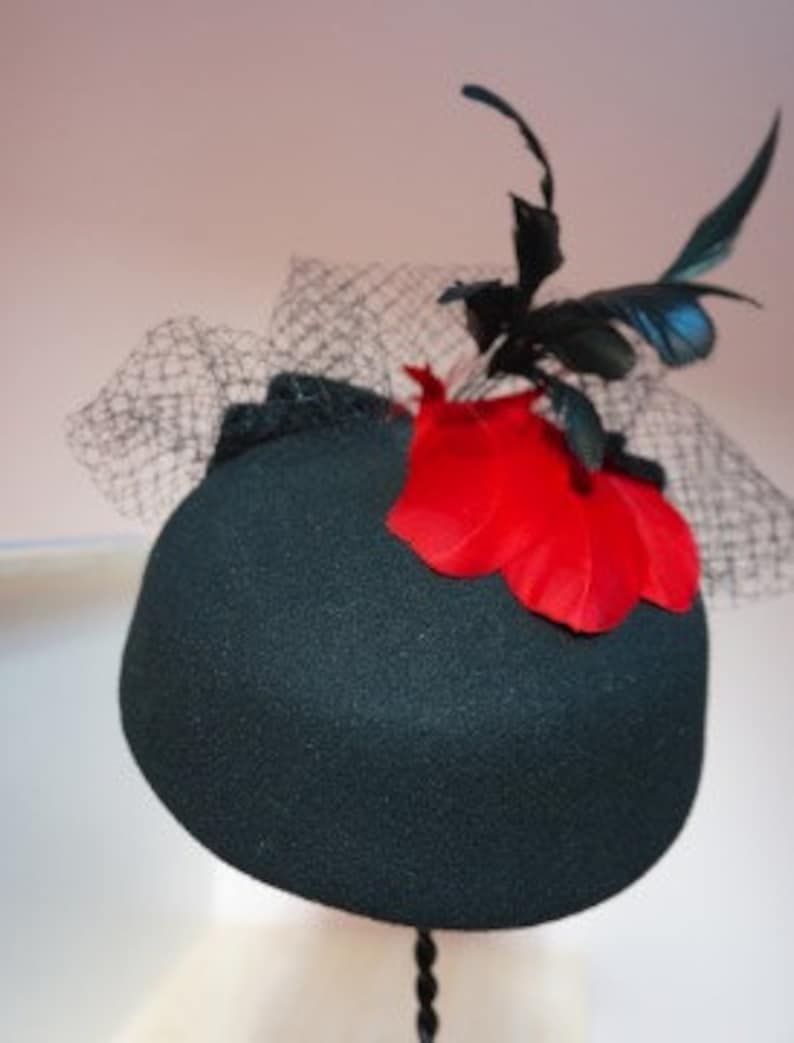 Black Wool Pill Box Hat With Red Feathers, Black Velvet Bow and Veiling-Memorial or Funeral Hat-Graduation Hat-Races hat-Ascot-Polo Matches image 2