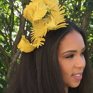 Bright Canary Yellow Leather Feather Fascinator MARDI GRAS Weddings-Bridal-Race Hat-Polo-Holiday-Teen Headband-Special Occasion Luncheons image 3