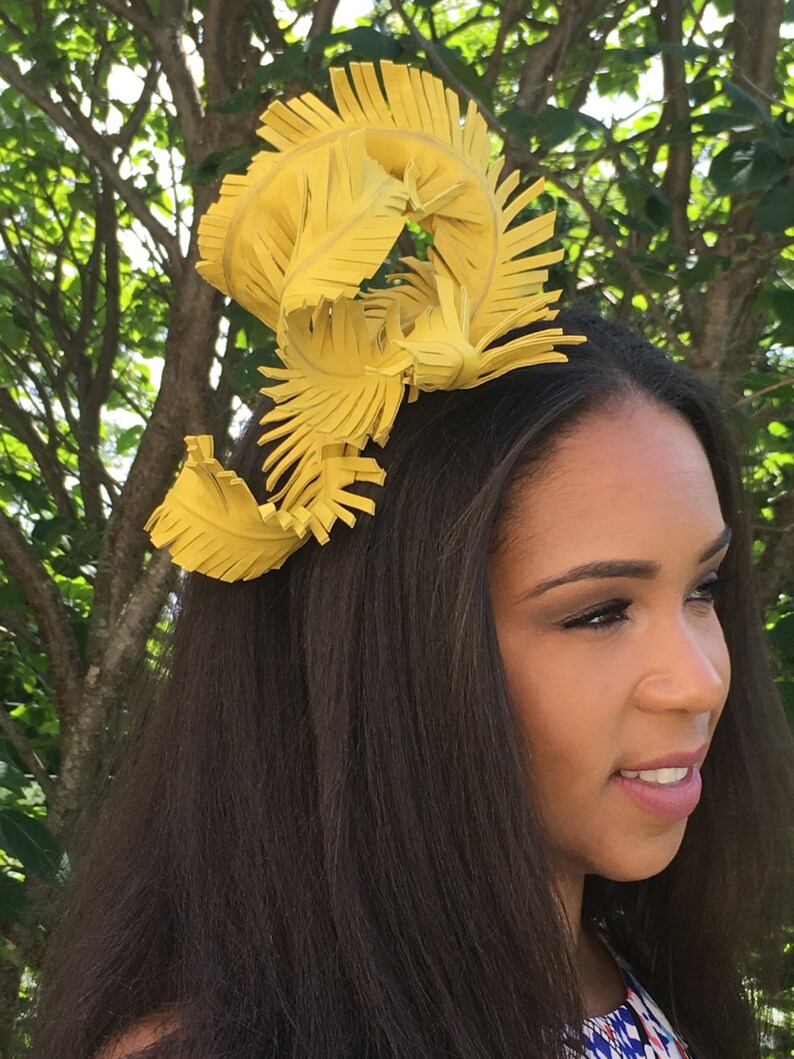 Bright Canary Yellow Leather Feather Fascinator MARDI GRAS Weddings-Bridal-Race Hat-Polo-Holiday-Teen Headband-Special Occasion Luncheons image 3