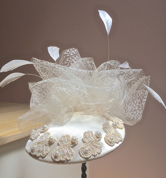 Ivory Satin Fascinator With Beaded Pearls, Wedding Headpiece 