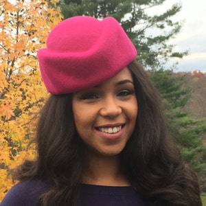 Bright Pink Sculptural Wool Felt Pill Box Hat. Handmade on Vintage Wooden Block-Classic Hat style-Mother of the Bride-Wedding-Christmas Hat image 3