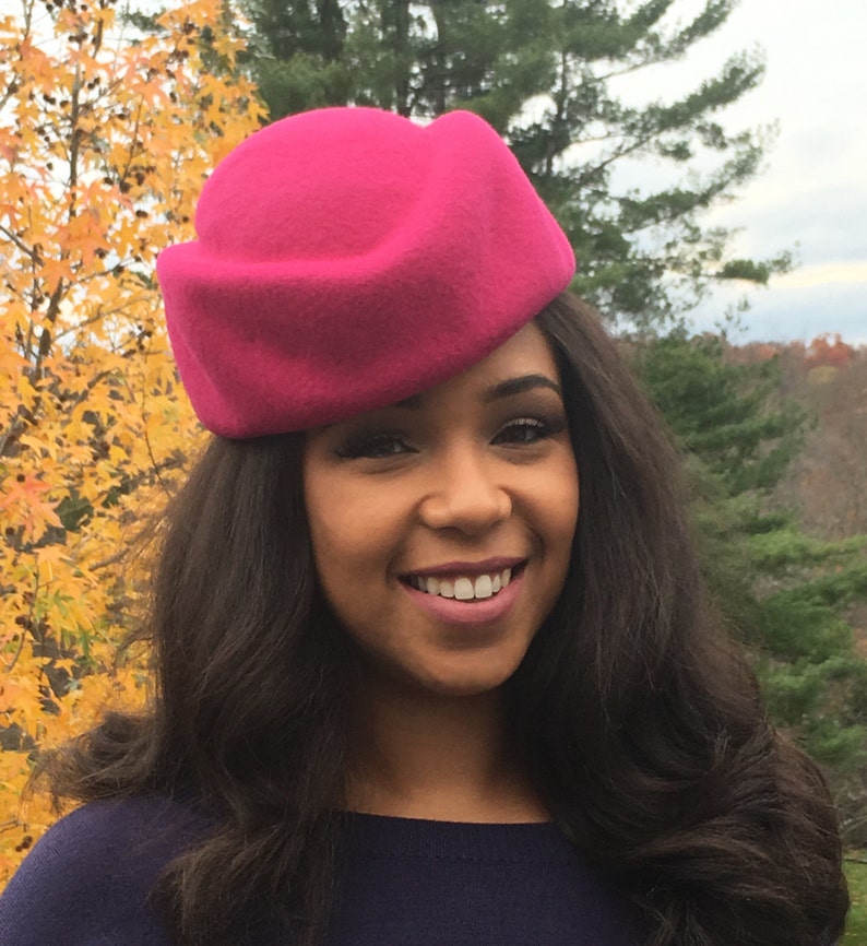 Bright Pink Sculptural Wool Felt Pill Box Hat. Handmade on Vintage Wooden Block-Classic Hat style-Mother of the Bride-Wedding-Christmas Hat image 3