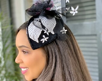 Cocktail Hat-Black Lace-White Lace-Race Track Hat-Black Crinoline-Polo Hat-Black Suede Fascinator-Evening Hat