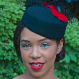 Black Wool Pill Box Hat With Red Feathers, Black Velvet Bow and Veiling-Memorial or Funeral Hat-Graduation Hat-Races hat-Ascot-Polo Matches image 3