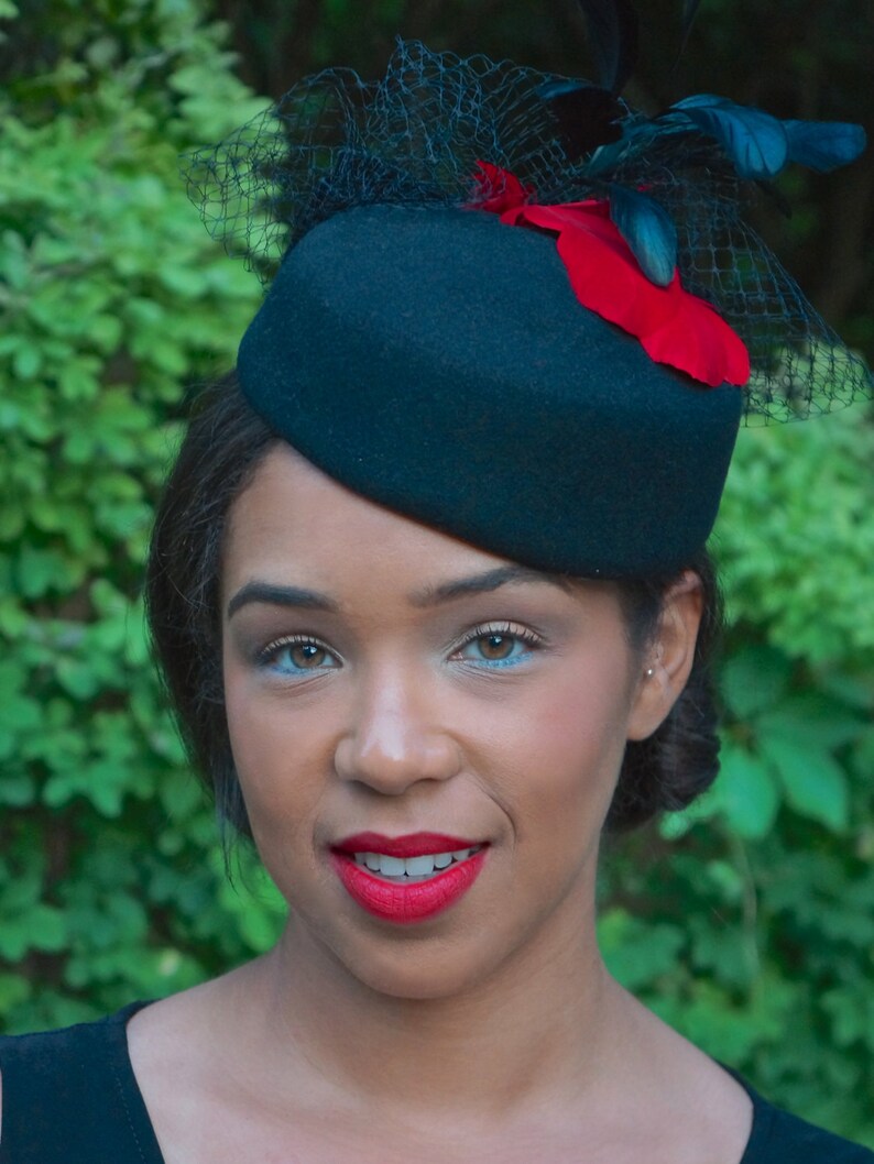 Black Wool Pill Box Hat With Red Feathers, Black Velvet Bow and Veiling-Memorial or Funeral Hat-Graduation Hat-Races hat-Ascot-Polo Matches image 3