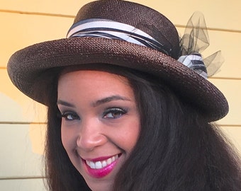 Brown Straw Wide Brimmed Hat-Black trim-Netting-Vintage White and Navy Striped Ribbon-Mother of Pearl Button-Wedding-Sun Hat-Race Track Hat!