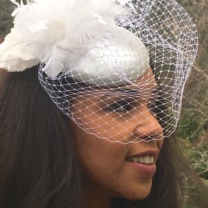 Silver metallic Leather Croc Embossed Fascinator with White Feather Cluster and White veiling- Bridal Headpiece-Wedding-Races Hat-Prom-Party