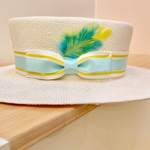 Equidorian Straw Pork Pie Hat- Unisex- Summer hat-Race Track Hat-Men’s Hat- Yellow and Turquoise trim hat-22.5” to 23”-Hat-Custom Made Hat !