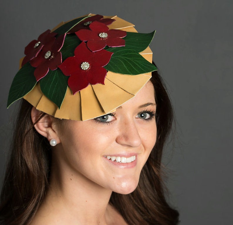 Christmas hat with leather flowers and jewels Fascinator in leather Holiday Party Hat Poinsettia flower Leather Christmas Fascinator