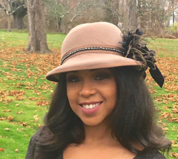 Tan Felt Fedora with Beaded Trim Tan Straw Fedora Style Hat With a Unique Beaded Hat Band of  main image 2