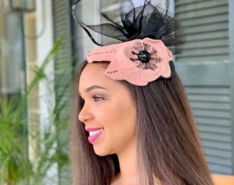Fascinators  for wedding, Pink Suede Fascinator, Black and Marsala headpiece. Mother of the Bride hat. Winter wedding headpiece in suede