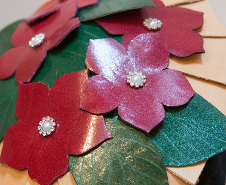 Christmas hat with leather flowers and jewels Fascinator in leather Holiday Party Hat Poinsettia flower Leather Christmas Fascinator