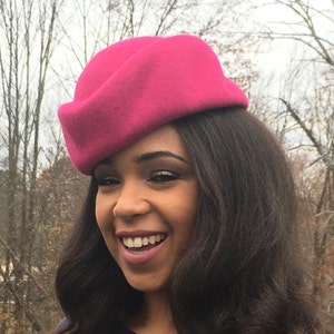 Bright Pink Sculptural Wool Felt Pill Box Hat. Handmade on Vintage Wooden Block-Classic Hat style-Mother of the Bride-Wedding-Christmas Hat image 1