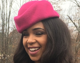 Bright Pink Sculptural Wool Felt Pill Box Hat. Handmade on Vintage Wooden Block-Classic Hat style-Mother of the Bride-Wedding-Christmas Hat