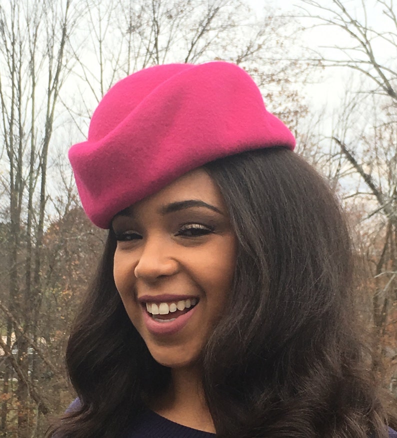 Bright Pink Sculptural Wool Felt Pill Box Hat. Handmade on Vintage Wooden Block-Classic Hat style-Mother of the Bride-Wedding-Christmas Hat image 1