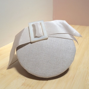 Beige Linen Fascinator-Wedding Small beige hat, headpiece with Mother of Pearl Buckle. Brides maids headpiece-Brides headpiece- Ascot-Races