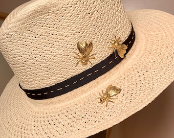 Natural Straw Fedora-Gold Finished Bees adornments-Go To Hat-Summer Fedora-Everyday Hat-Unisex Hat-Travel Custom Made Straw Fedora-Straw Hat
