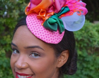 Colorful Pink fascinator, Yellow and Green and White Fascinator, Brides maids headpiece-Destination wedding-Cocktail party-Summer party hat