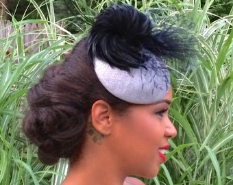 Silver sinamay fascinator, headpiece with black feathers and netting, Wedding headpiece, Mother of the Bride, Brides Maids, Cocktail Party!