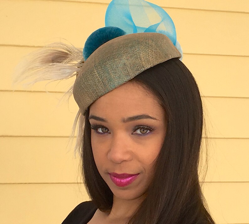 Taupe and Turquoise Sinamay Pill Box Hatsilk Pom Pomspeacock Etsy