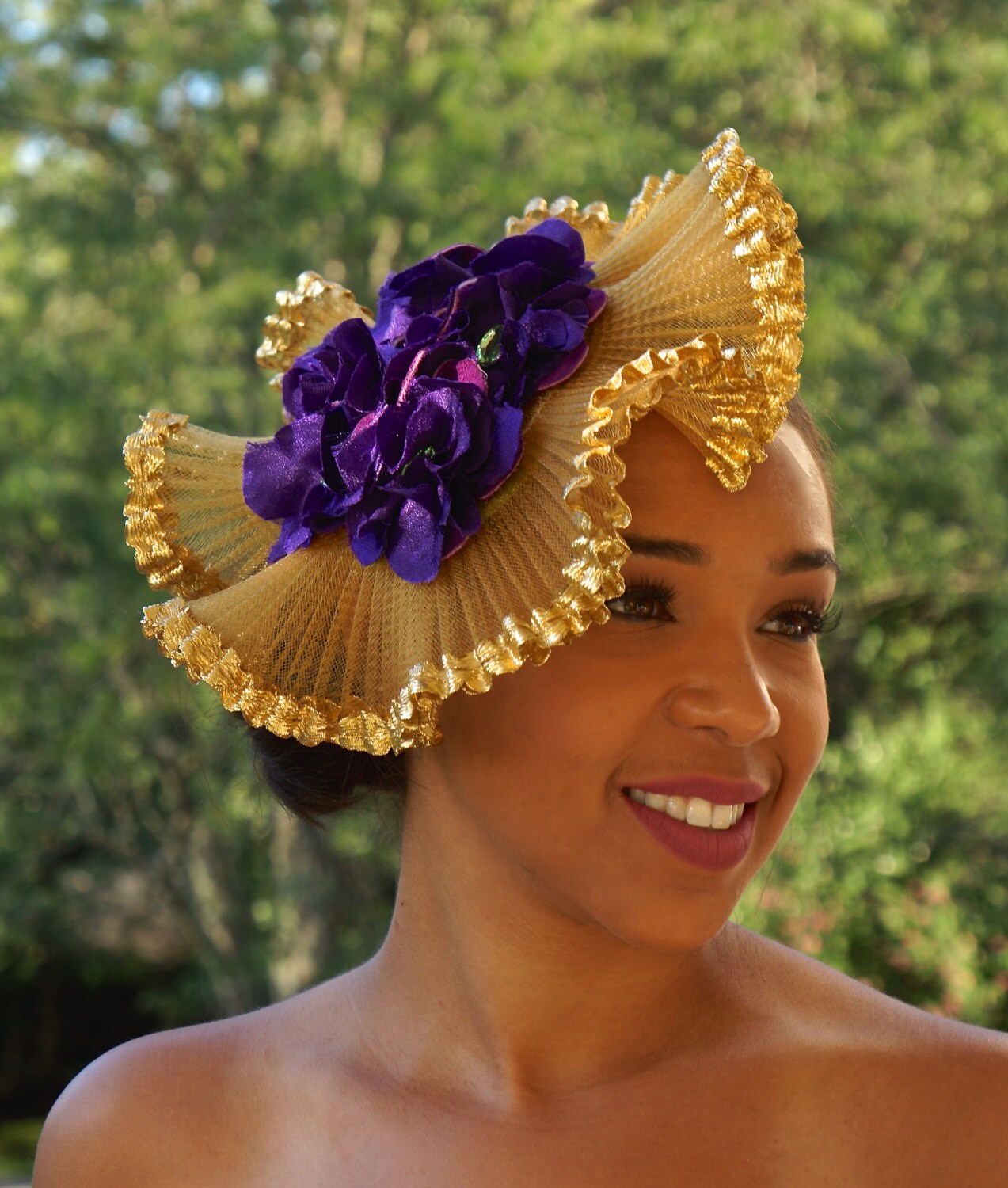 Gold and Purple Frilly Fascinator Mardi 