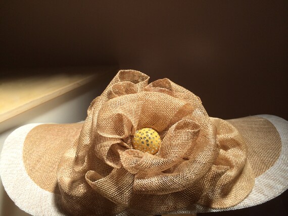 Wide Brimmed Tan Straw and Ivory Hat 