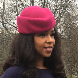 Bright Pink Sculptural Wool Felt Pill Box Hat. Handmade on Vintage Wooden Block-Classic Hat style-Mother of the Bride-Wedding-Christmas Hat image 5