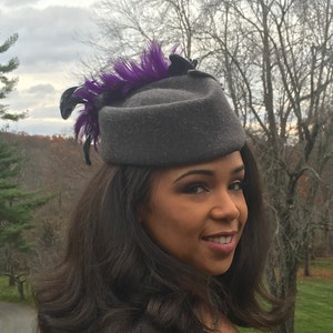 Cadet/Hostess, Grey Wool Hat with Purple Feather Plume- Stylized Floral Petals. Wedding-Graduation-Mother of the Bride-Church Hat-Derby-Polo