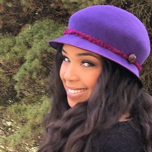 Purple Velour Felt Cloche-Ruby Chenille yarn-Vintage Jewel/Button-Church-Racetrack Hat-Wedding-Winter Races-Handmade Hat-Woman's Hat-Party image 1