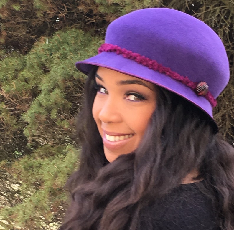 Purple Velour Felt Cloche-Ruby Chenille yarn-Vintage Jewel/Button-Church-Racetrack Hat-Wedding-Winter Races-Handmade Hat-Woman's Hat-Party image 1