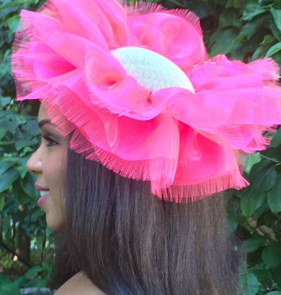 Dusty Rose Dress Hat Pink Organza Packable Ruffles Frilly Wedding Hat Hot Pink Organza Frilly Fascinator, Party hat, Wedding  main image 4