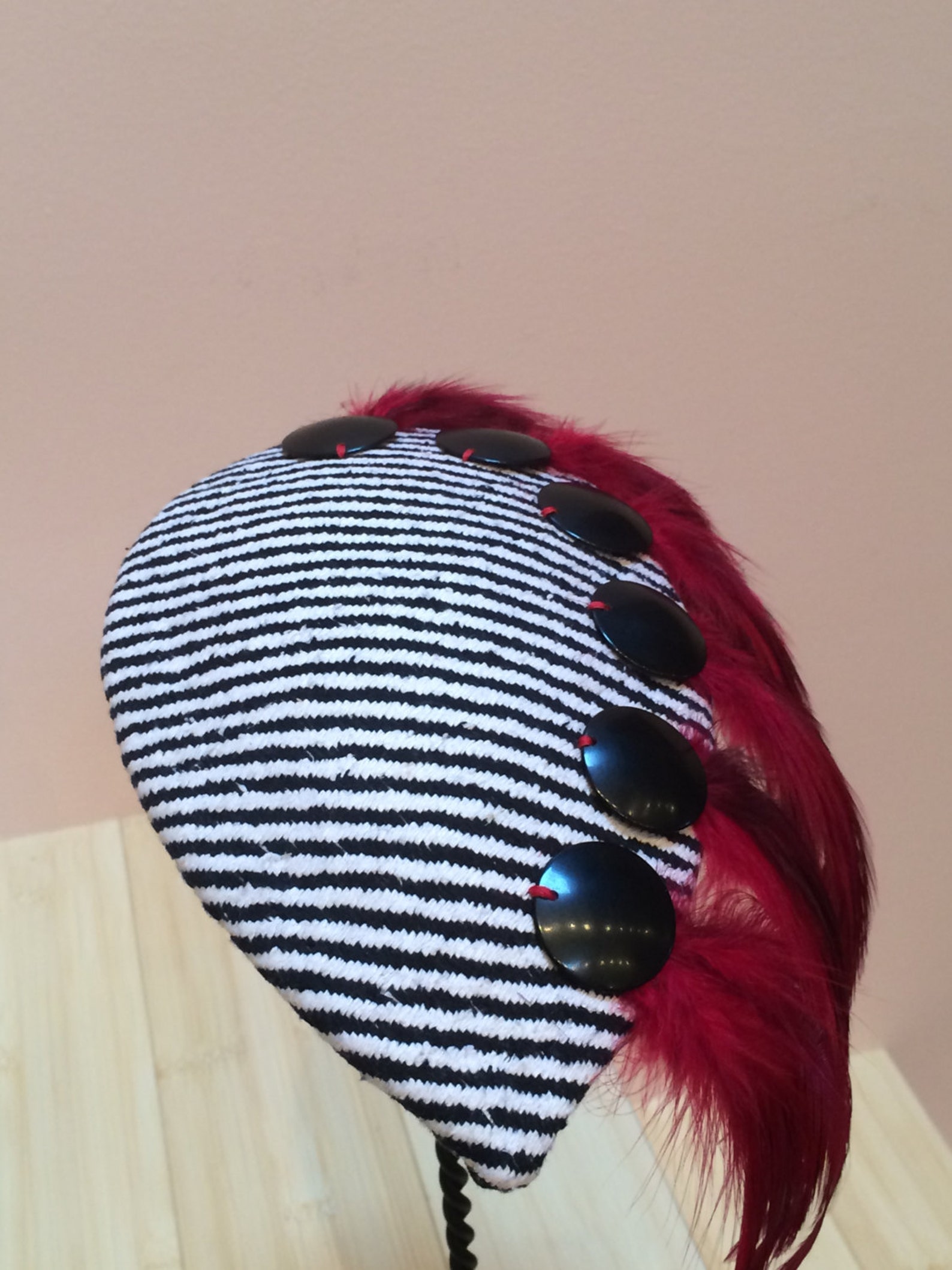 Black and White Striped Fascinator, Hat With Deep Red Feather Trim, Holiday Fascinator or Derby