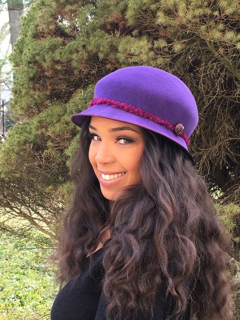 Purple Velour Felt Cloche-Ruby Chenille yarn-Vintage Jewel/Button-Church-Racetrack Hat-Wedding-Winter Races-Handmade Hat-Woman's Hat-Party image 6