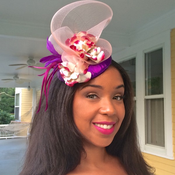 Radiant Orchid Fascinator, Purple fabric covered Fascinator with Crinoline and feathers, Wedding hat or Evening Cocktail Hat