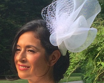 Pure White Wedding Fascinator with Feathers, Traditional wedding headpiece, White Wedding hat with White Crinoline. Beaded wedding headpiece