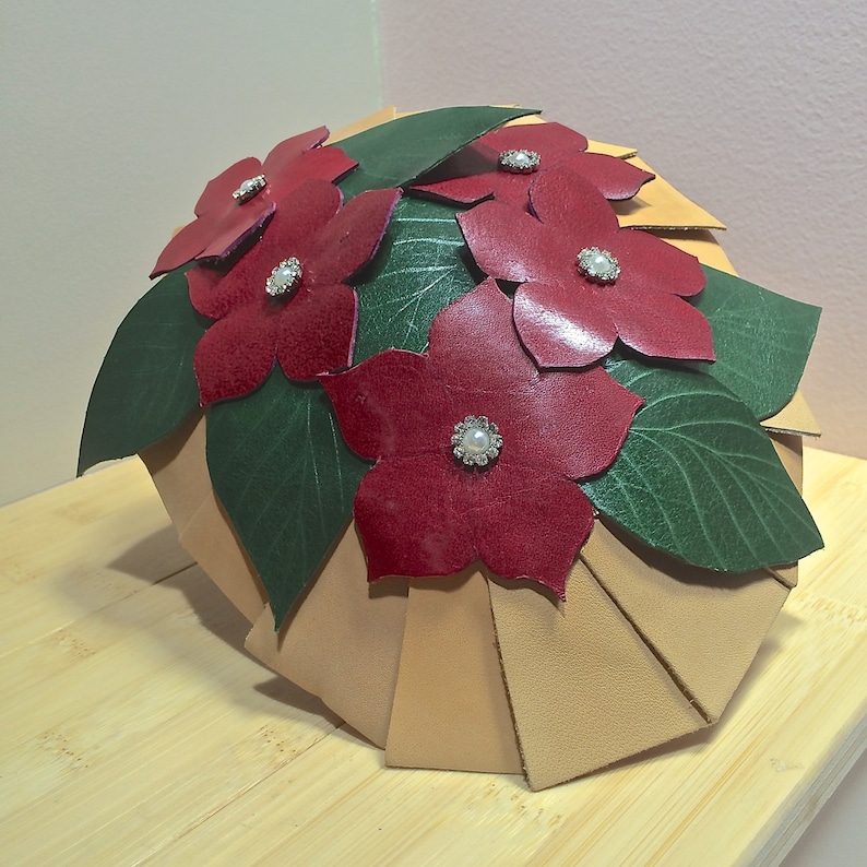 Christmas hat with leather flowers and jewels Fascinator in leather Holiday Party Hat Poinsettia flower Leather Christmas Fascinator