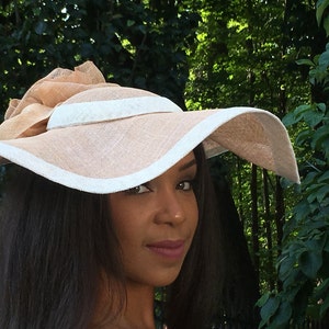Wide brimmed Tan Straw and Ivory Hat, Wedding hat, Mother of the Bride hat, Kentucky Derby, Belmont races, Polo Matches, Ascot race hat