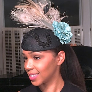 Black Sinamay with Turquoise Leather flower-ostrich feathers-crinoline-Vintage beaded trim-Ascot Races Hat-Polo Matches-Wedding-Church-Party