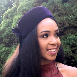 AUBERGINE VELOUR PILLBOX-with bow and vintage buckle-Weddings-Mother of the bride-winter races-Polo matches-holiday hat-fall hat-Purple hat