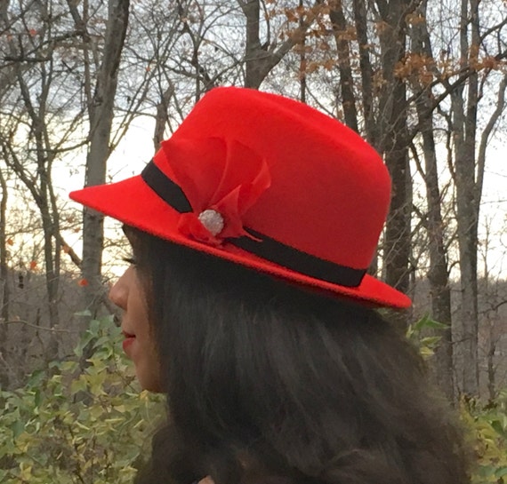 Adora Red Wool Felt Hat, Black Velvet Bow ADORA | Accessories | Adora Red Wool Felt Hat Black Velvet  main image 3