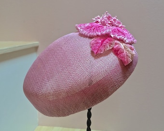 Pink Sinamay Pill Box Hat, Wedding, Mother of Bride, Girls hat, Garden party, Church hat, Pink Hat with floral, Pink for Cancer Hat, Pink!