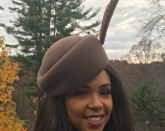 Taupe Sculptured Vintage Styled Pillbox Hat with Pheasant Feather! Great Church Hat-Winter Racetrack Hat- Mother of the Bride- Dress Hat