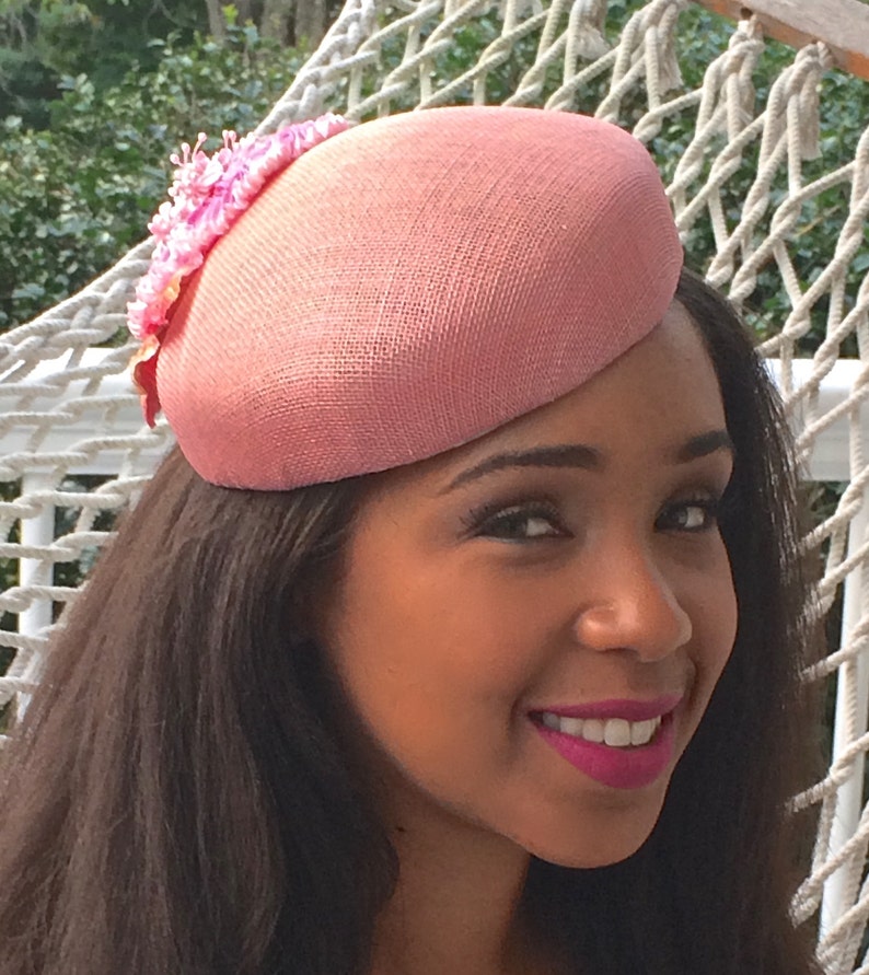 Pink Sinamay Pill Box Hat, Wedding Hat, Mother of the Bride Hat, Girls