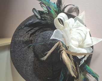 Large Black Derby or Church Hat with Feathers. Ivory sinamay Bow and Feathers from Peacocks and Roosters! Excellent for Polo Race Hat