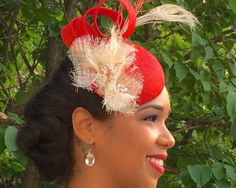 Red Fascinator with Peacock Feathers- Ivory trim on hat- Wedding Fascinator- Kentucky Derby-Royal Ascot Hat- Mother of the Bride-Bridesmaid