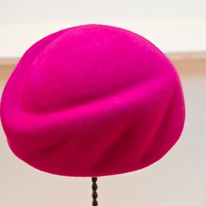 Bright Pink Sculptural Wool Felt Pill Box Hat. Handmade on Vintage Wooden Block-Classic Hat style-Mother of the Bride-Wedding-Christmas Hat image 2