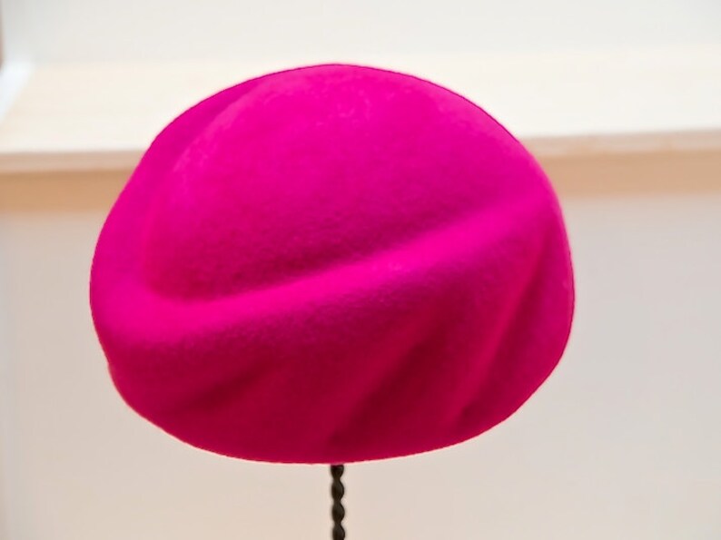 Bright Pink Sculptural Wool Felt Pill Box Hat. Handmade on Vintage Wooden Block-Classic Hat style-Mother of the Bride-Wedding-Christmas Hat image 2