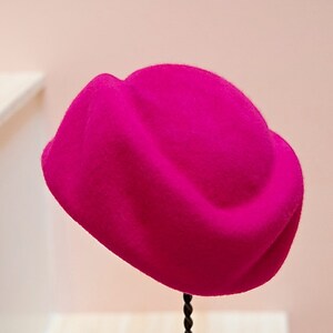 Bright Pink Sculptural Wool Felt Pill Box Hat. Handmade on Vintage Wooden Block-Classic Hat style-Mother of the Bride-Wedding-Christmas Hat image 4